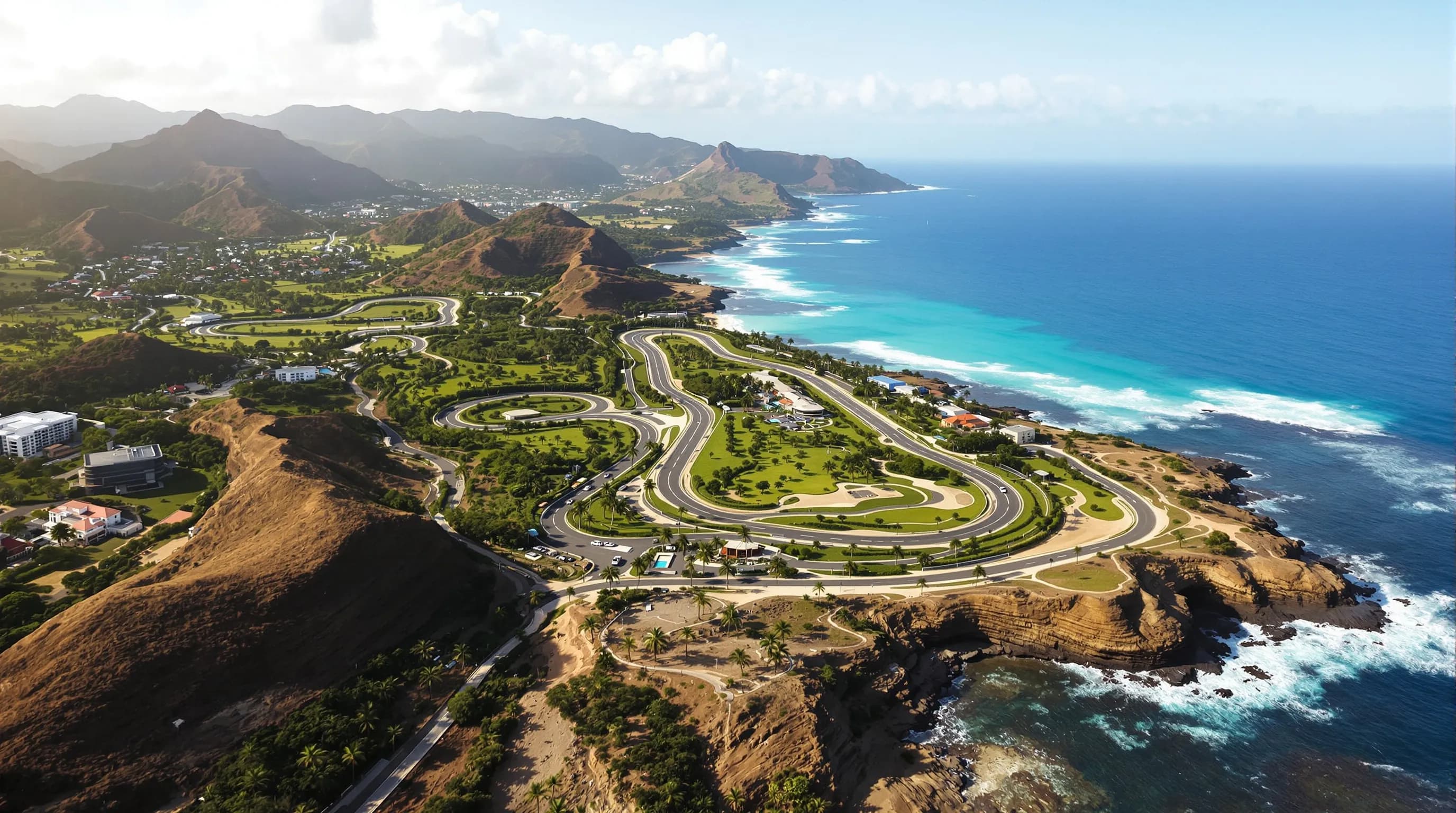 Mandalika International Street Circuit aerial view at sunset