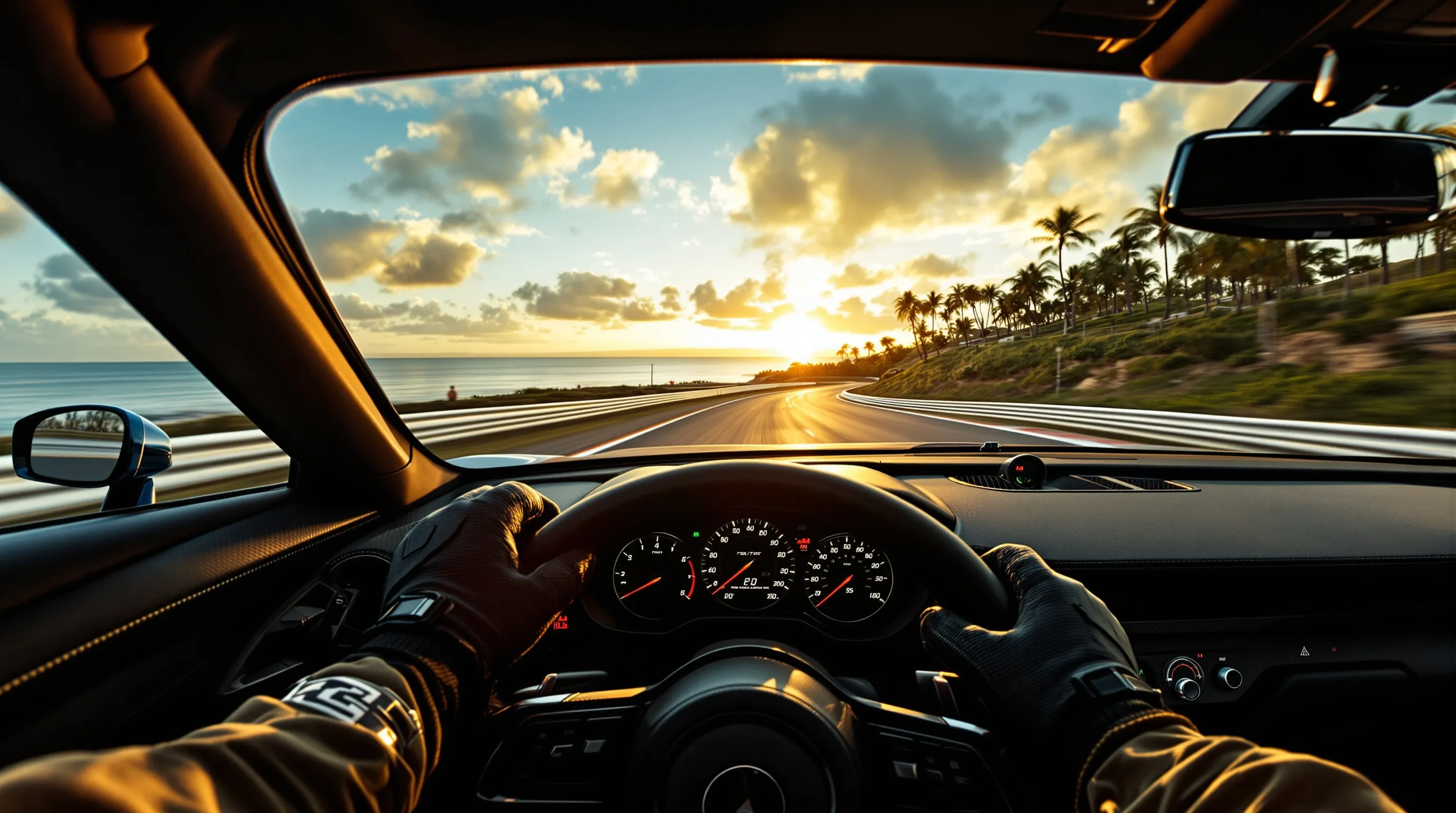 Cockpit view of a supercar racing on the Mandalika coastal circuit at golden hour